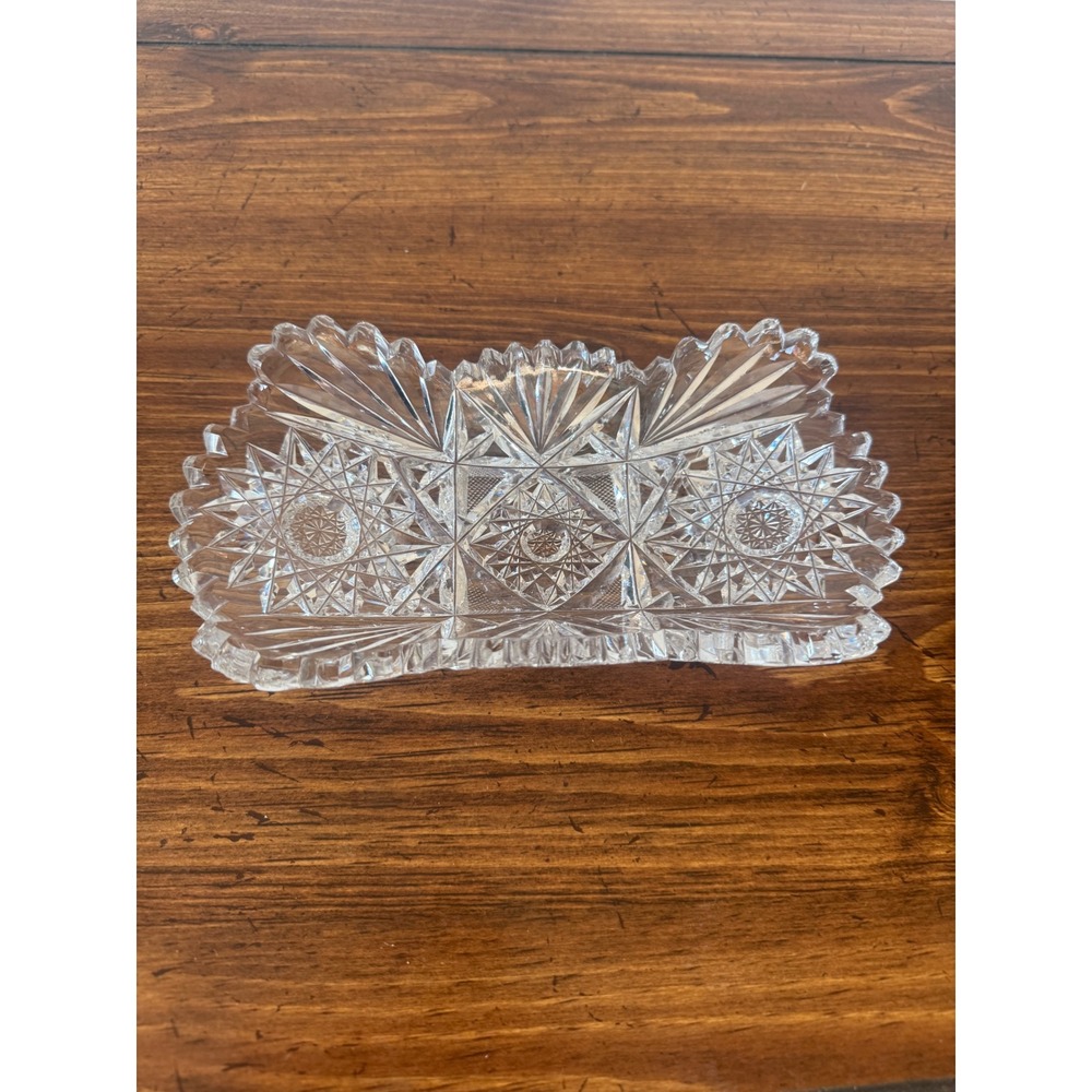 Vintage American Brilliant Cut Glass Celery Dish Relish Tray Starburst Pattern